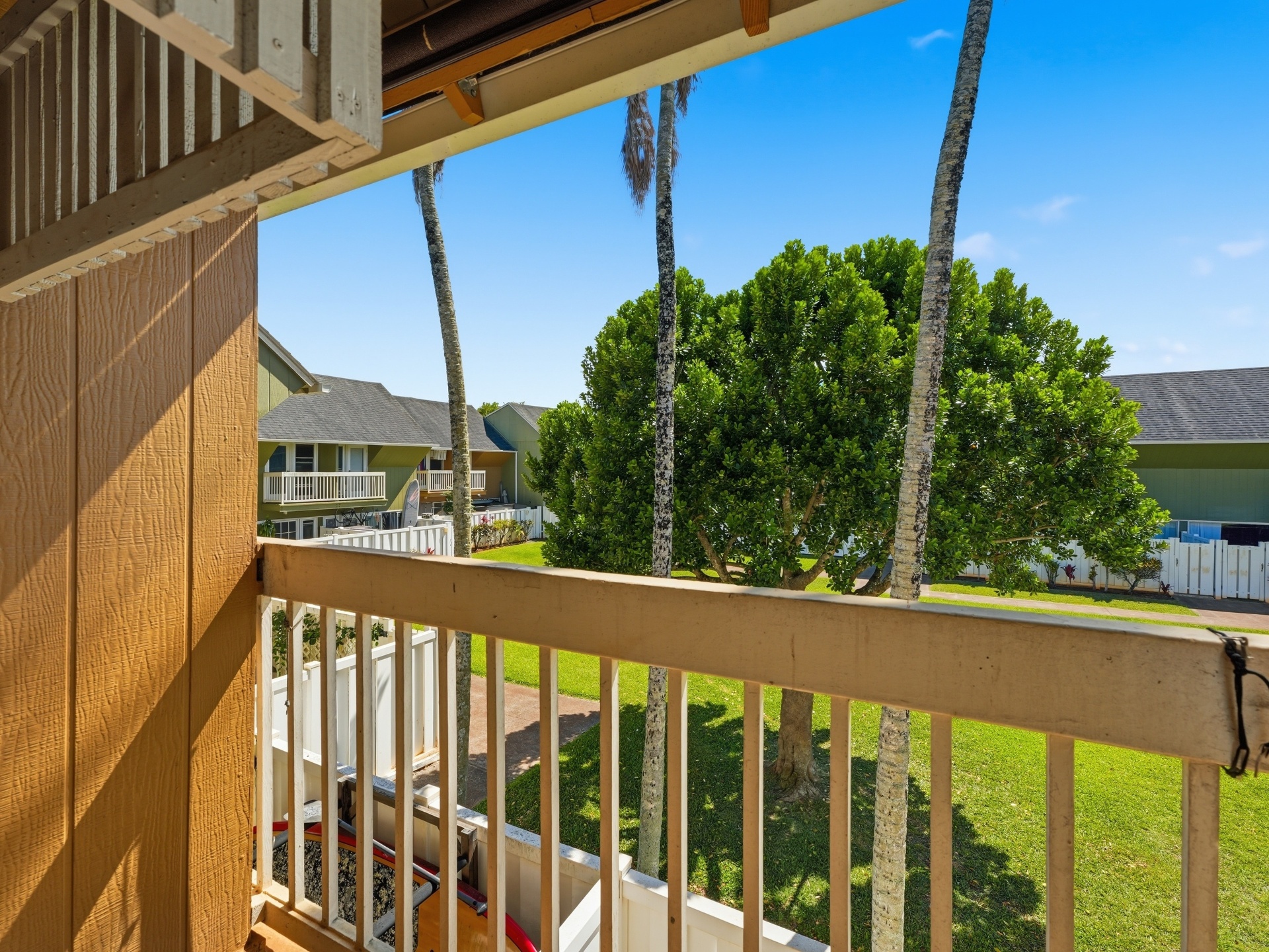 Upstairs lanai view of palm trees and grassy green space